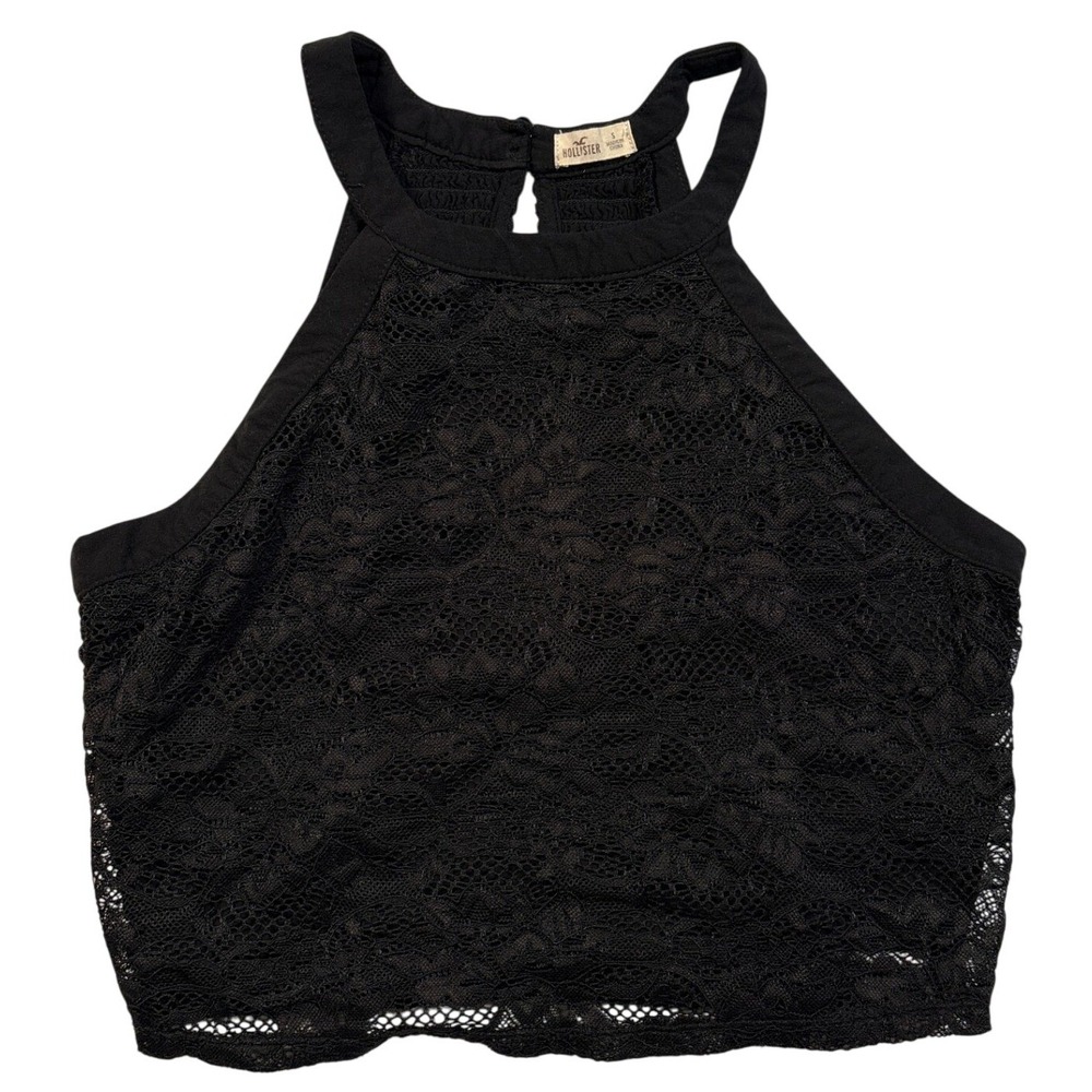 Hollister Black Floral Lace Halter Crop Top Smocked Back Small 3T9782